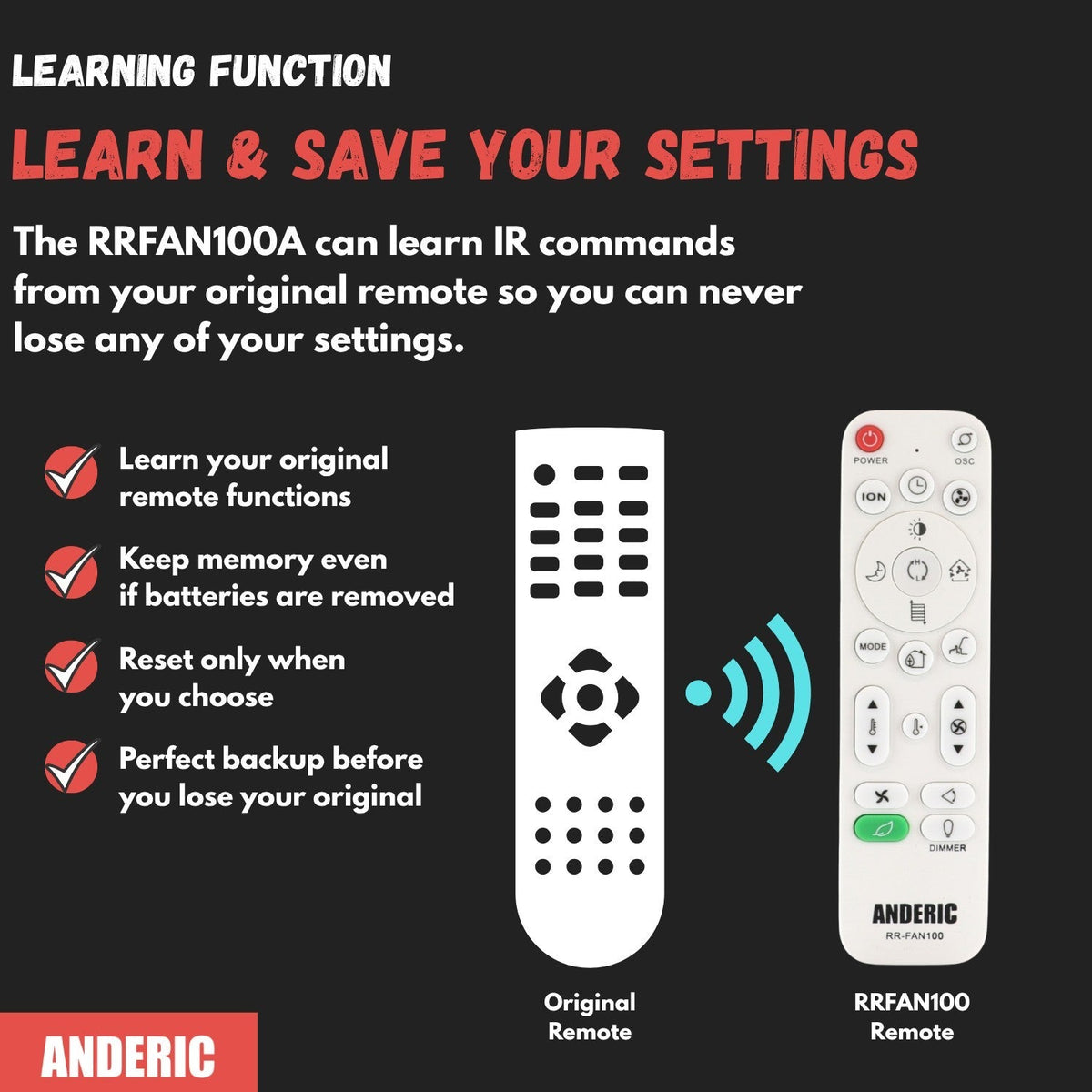 Anderic Substitute for Lasko 2033602 Space Heater Remote Control [RRFAN100A]