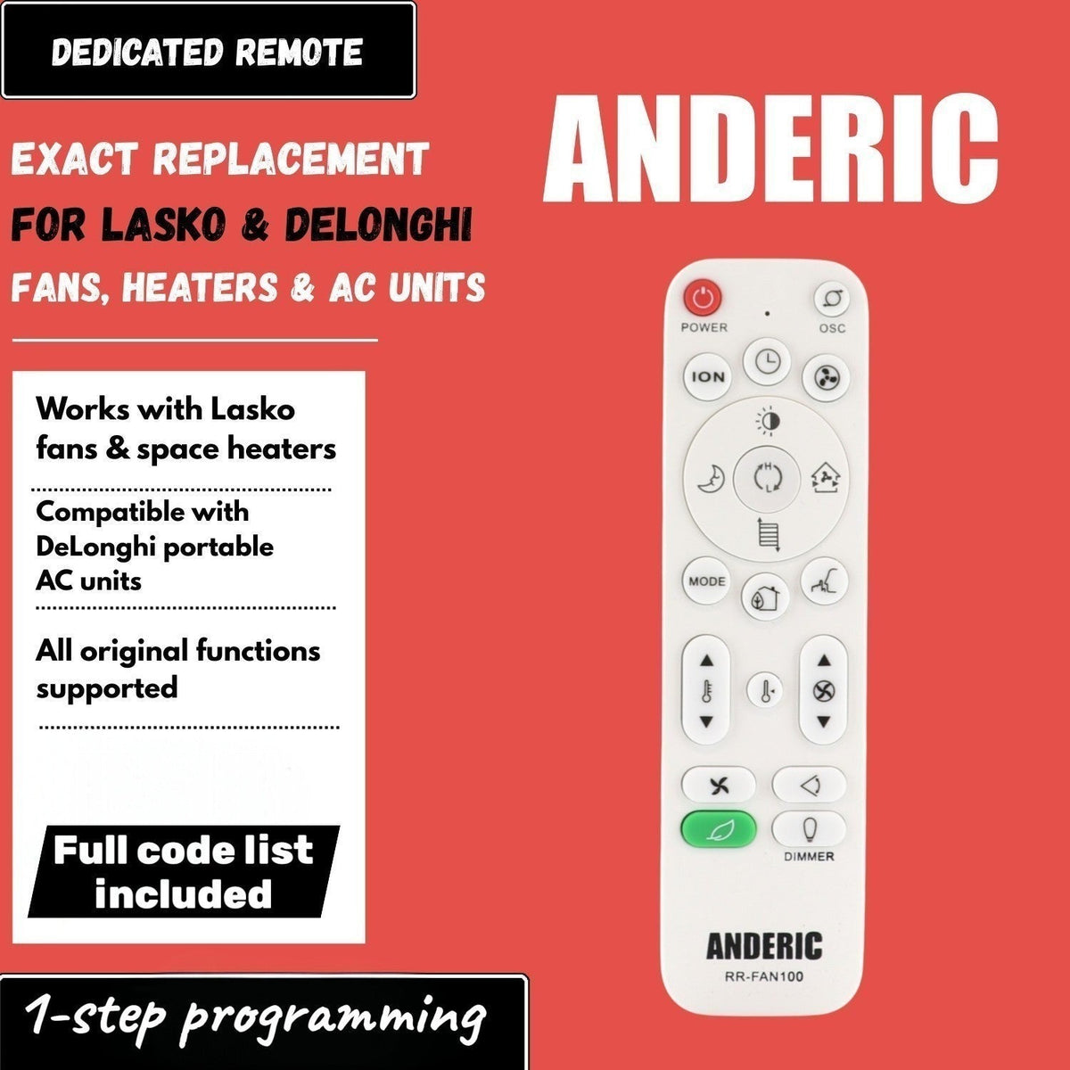 Anderic Substitute for Lasko 2033617 Space Heater Remote Control [RRFAN100A]