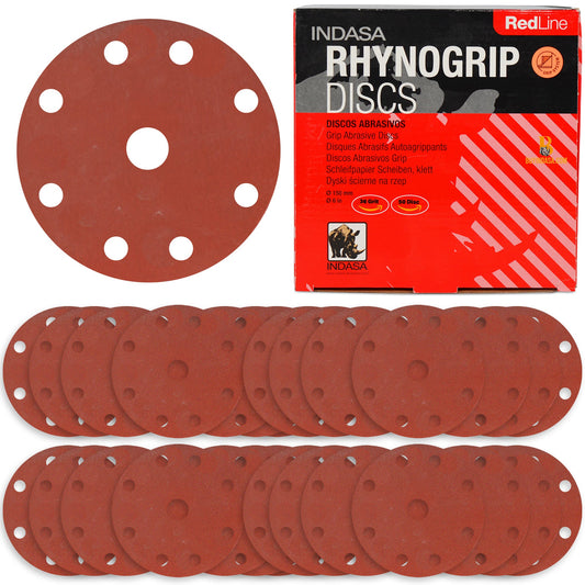 Indasa 6" 9-Hole Vacuum Sanding Discs – Rhynogrip Red Line, Hook & Loop, 36–1500 Grit (690 Series)