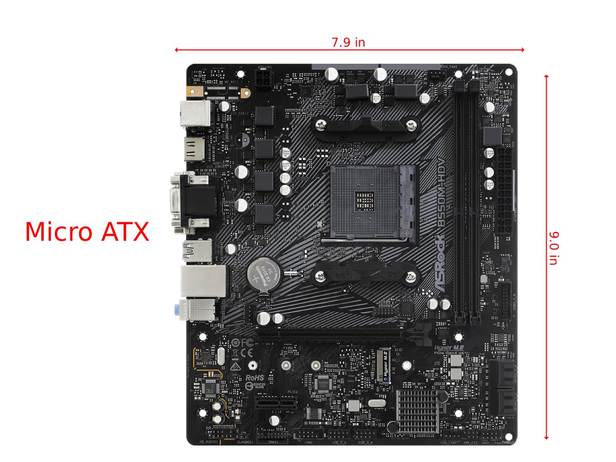 ASRock B550M-HDV Socket AM4 Micro-ATX Motherboard, Supports AMD Ryzen 5000/4000/3000 Series Processors, DDR4 4733+(OC), PCIe 4.0, Gigabit LAN