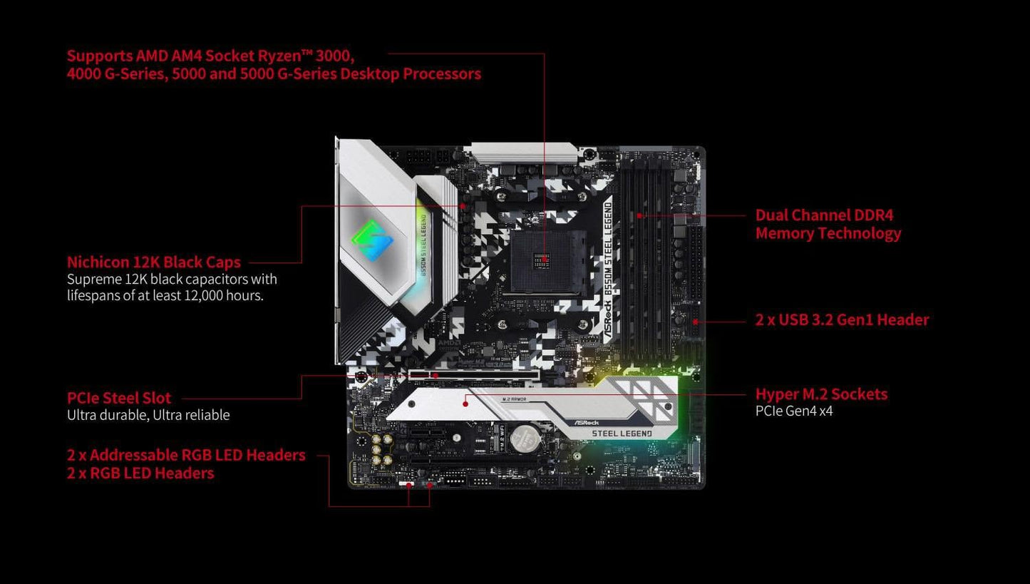 ASRock B550M-HDV Socket AM4 Micro-ATX Motherboard, Supports AMD Ryzen 5000/4000/3000 Series Processors, DDR4 4733+(OC), PCIe 4.0, Gigabit LAN