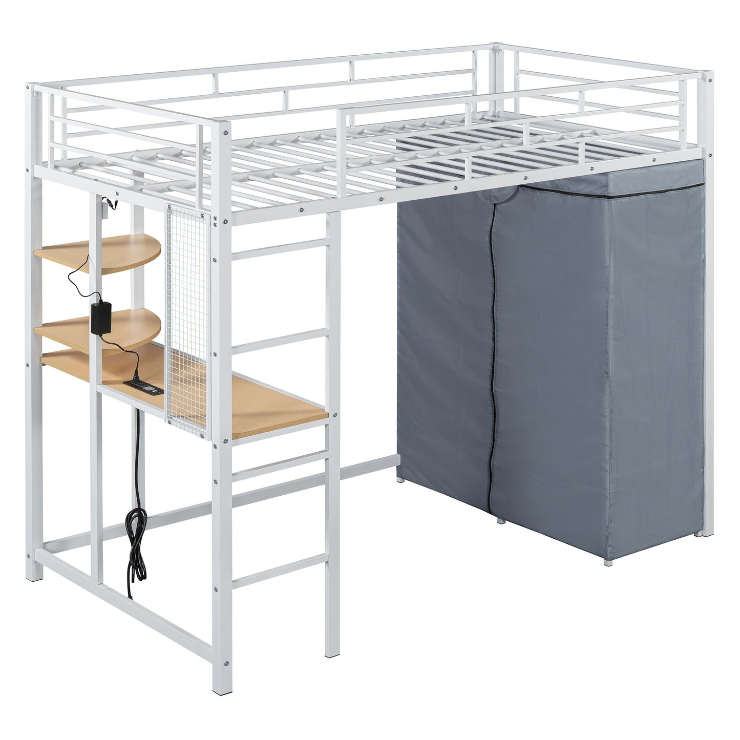 Loft Bed With Desk, Shelves, Power Outlet, LED Light And Wardrobe