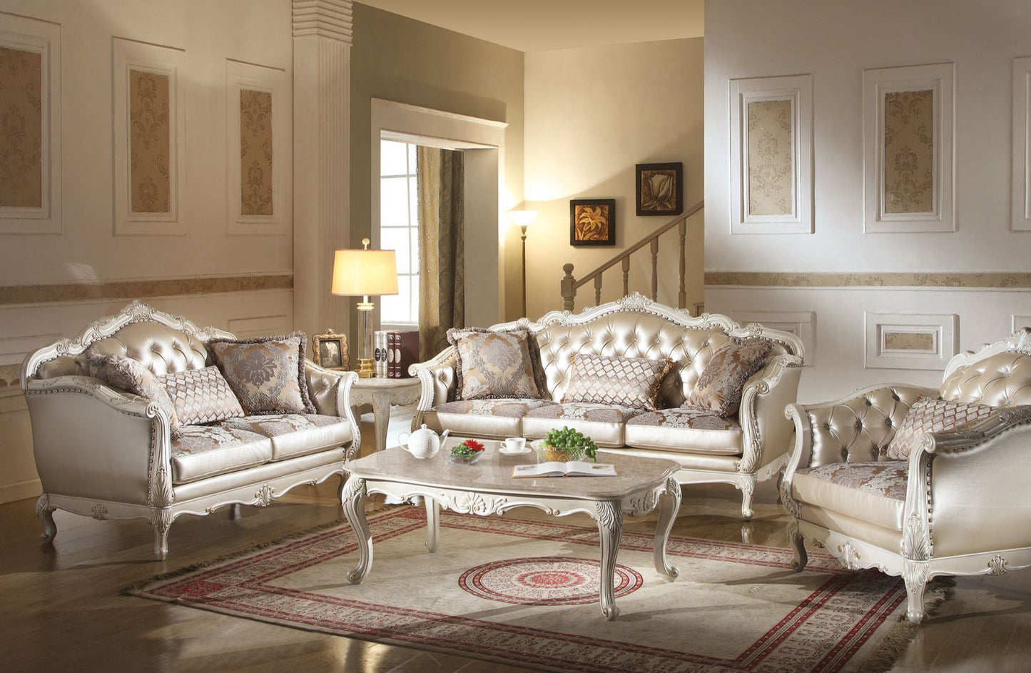 Chantelle - Sofa With 3 Pillows - Rose Gold Synthetic Leather /Fabric & Pearl White
