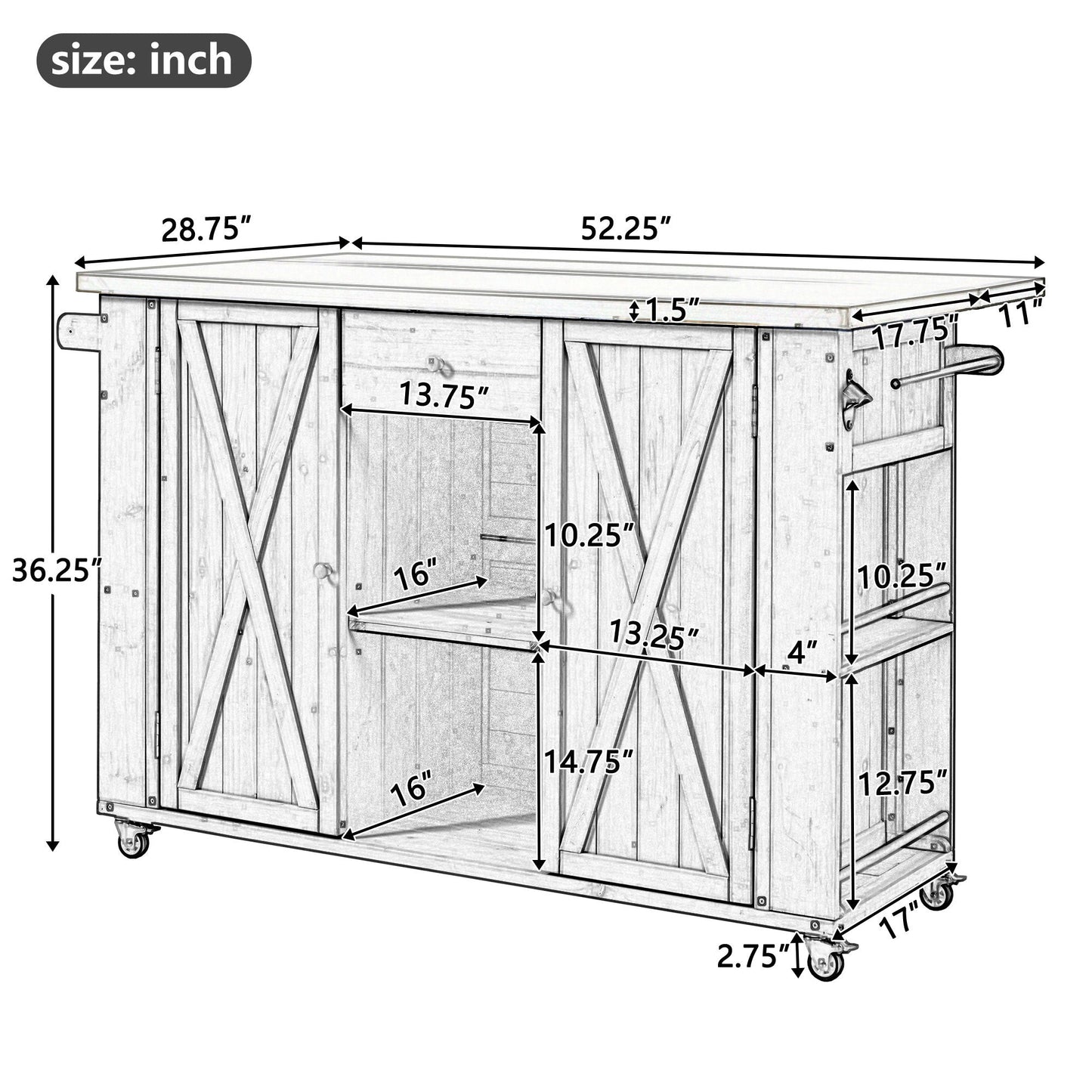 Outdoor Kitchen Island With Stainless Steel Top, Ample Storage Space, Towel And Spice Racks And A Bottle Opener