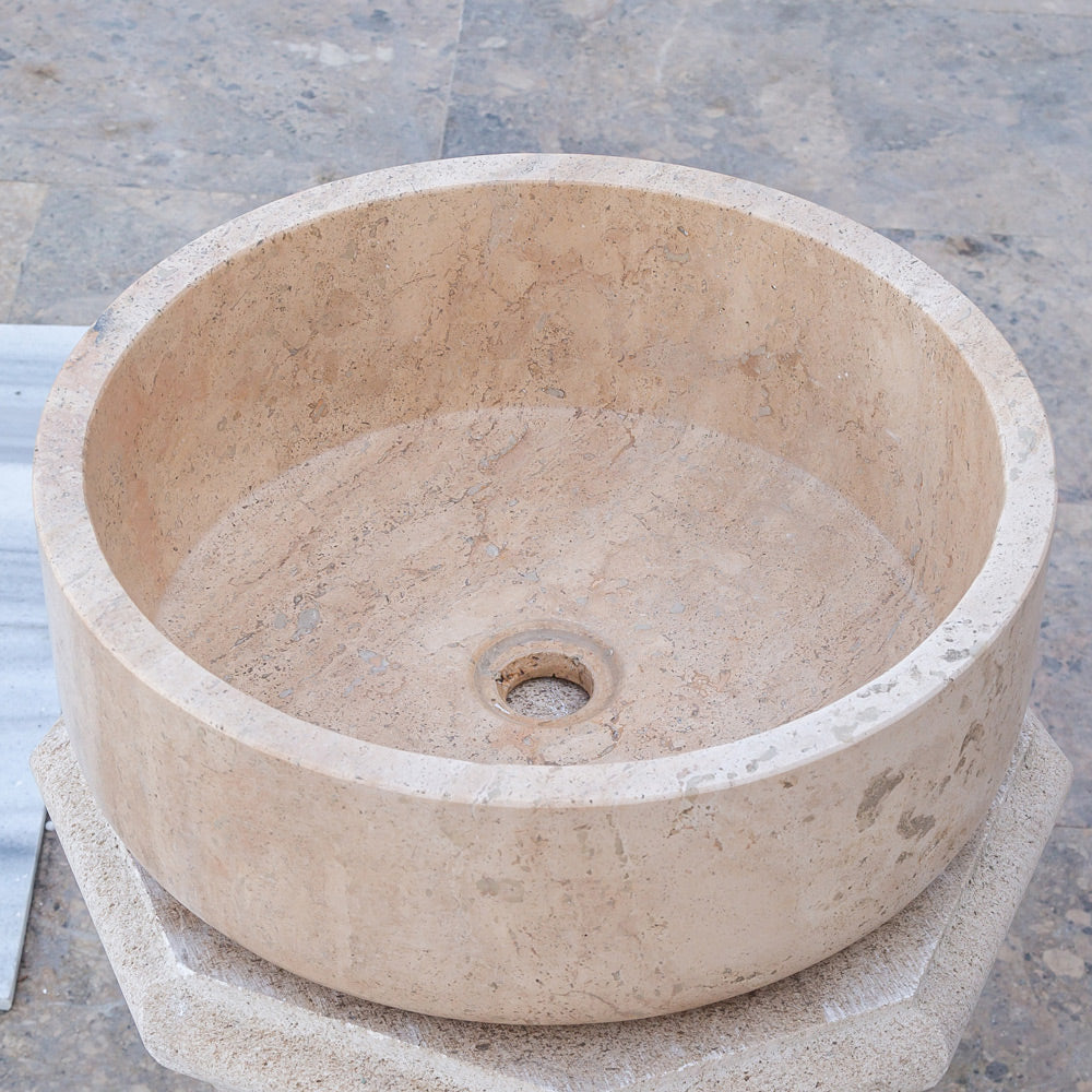 Beige Turkish Travertine Natural Stone Vessel Sink - Honed 16 Inch Diameter 6 Inch