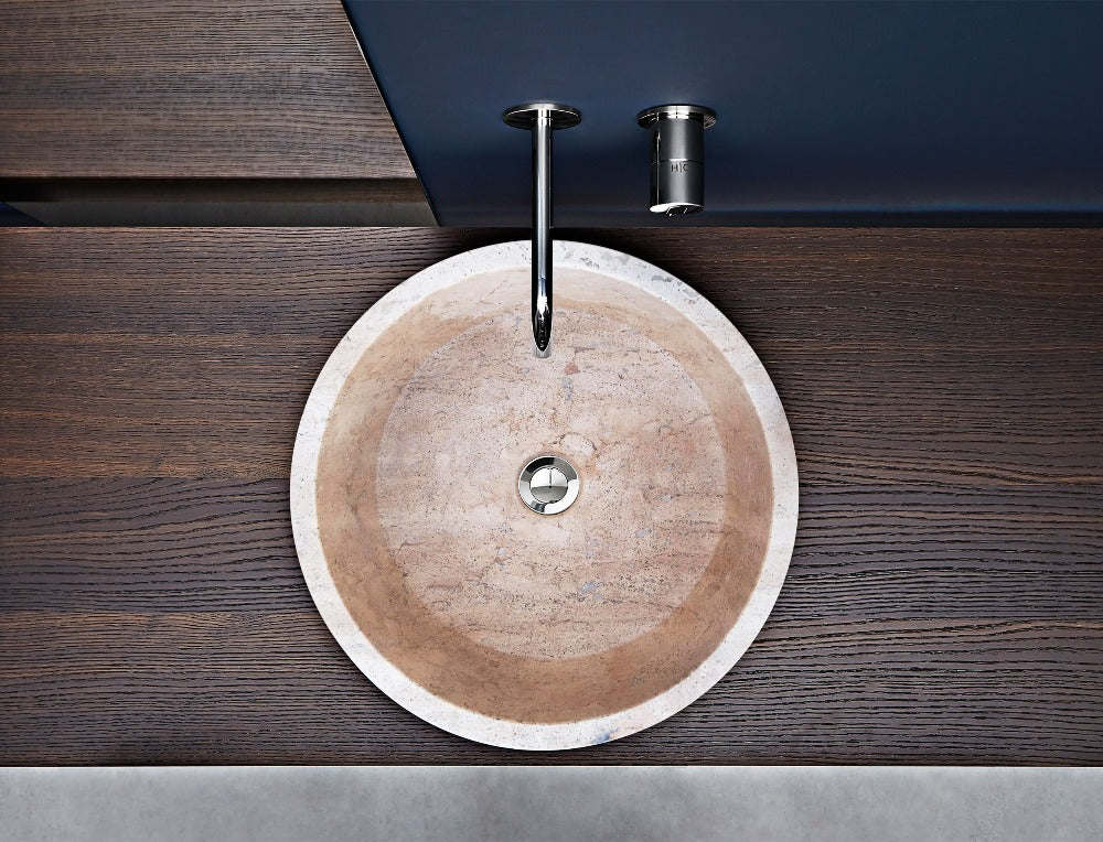 Beige Turkish Travertine Natural Stone Vessel Sink - Honed 16 Inch Diameter 6 Inch