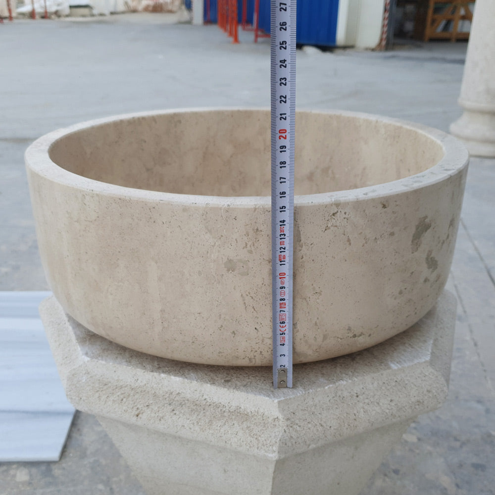 Beige Turkish Travertine Natural Stone Vessel Sink - Honed 16 Inch Diameter 6 Inch