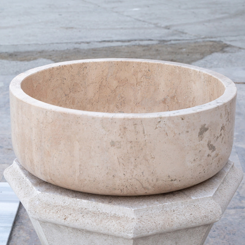 Beige Turkish Travertine Natural Stone Vessel Sink - Honed 16 Inch Diameter 6 Inch