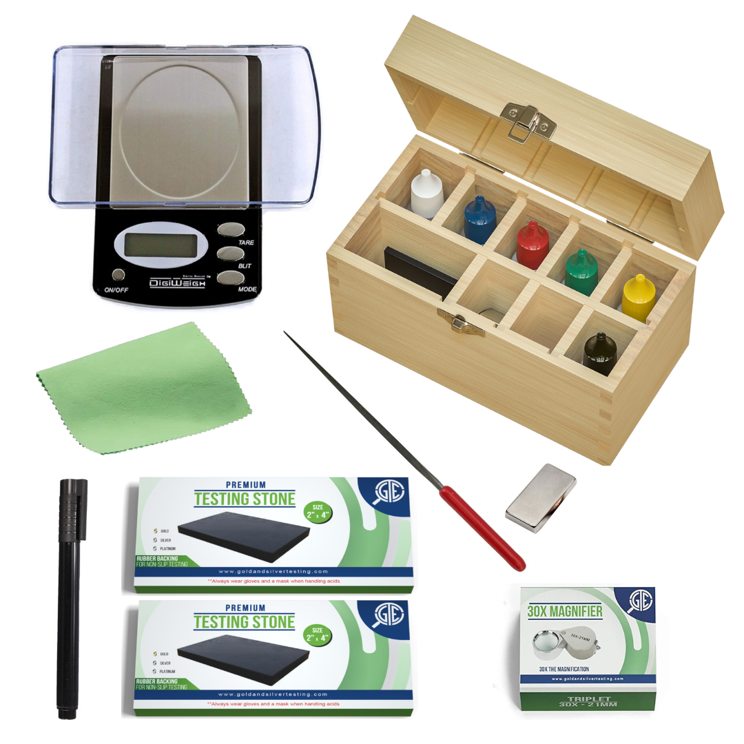 Ultimate Gold, Silver & Platinum Testing Kit | 13-Piece Appraisal Bundle with Acid Solutions, Scale, Storage Box & More