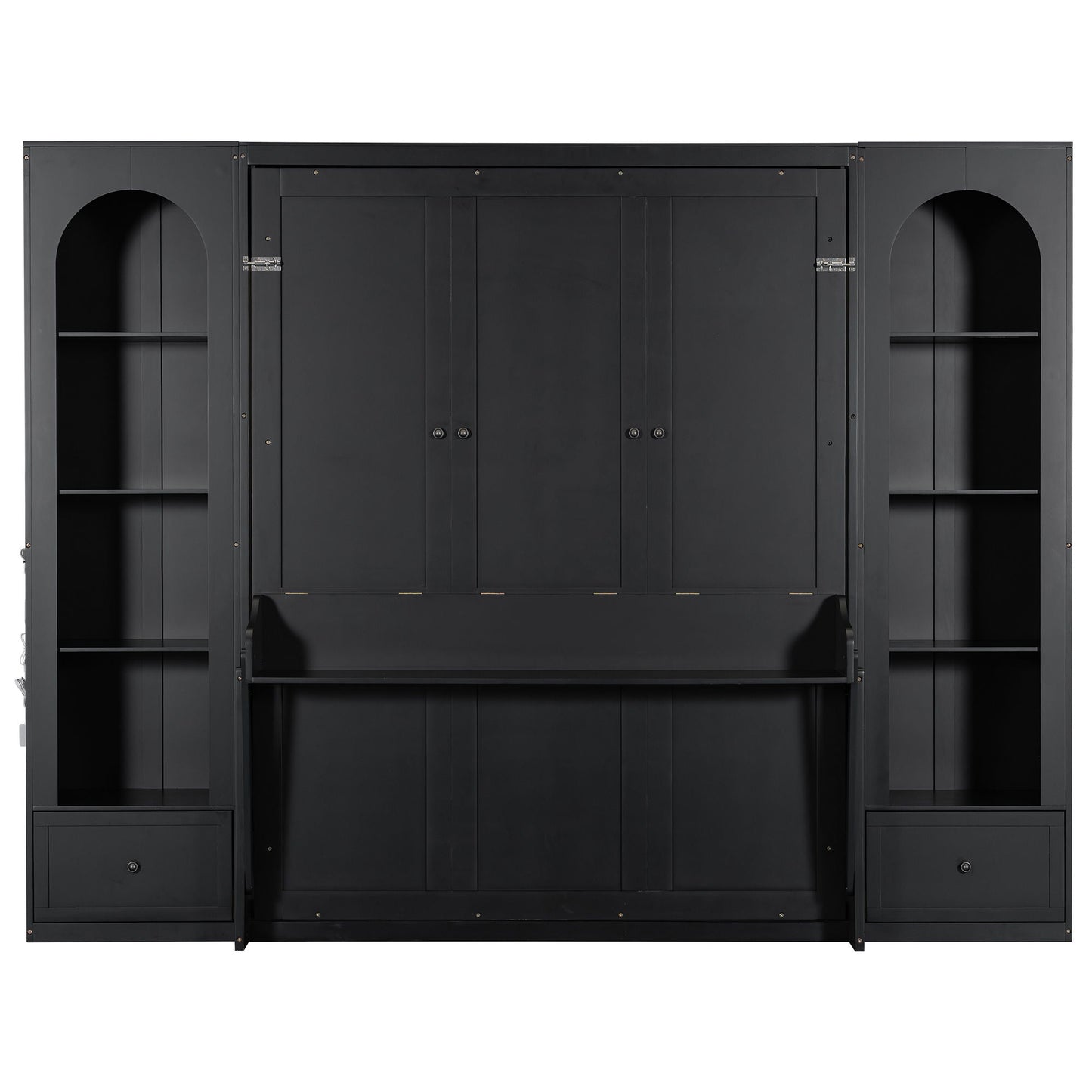 French Style Murphy Platform Bed With Shelf, Side Cabinets, Drawers And LED