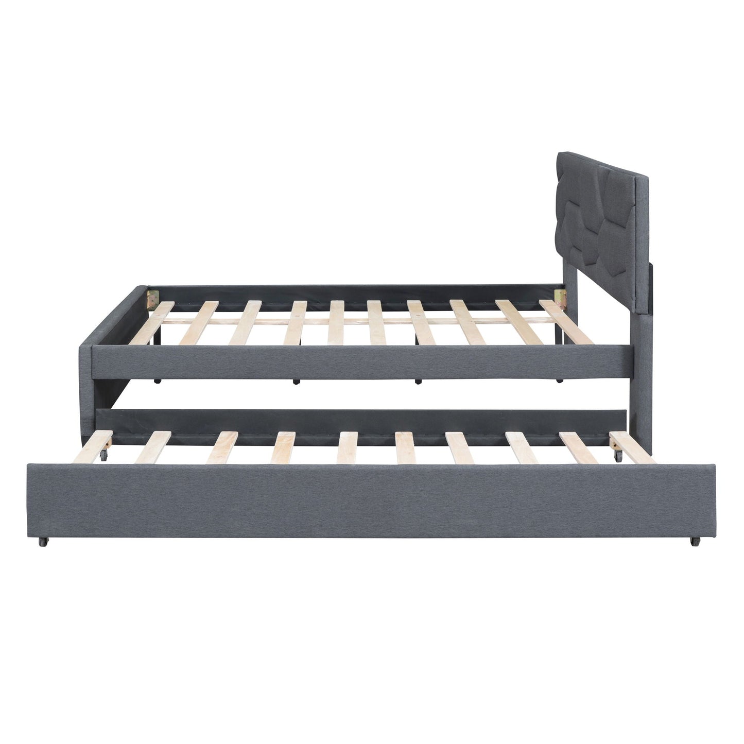 Upholstered Platform Bed With Brick Pattern Headboard And Twin Long Size Trundle