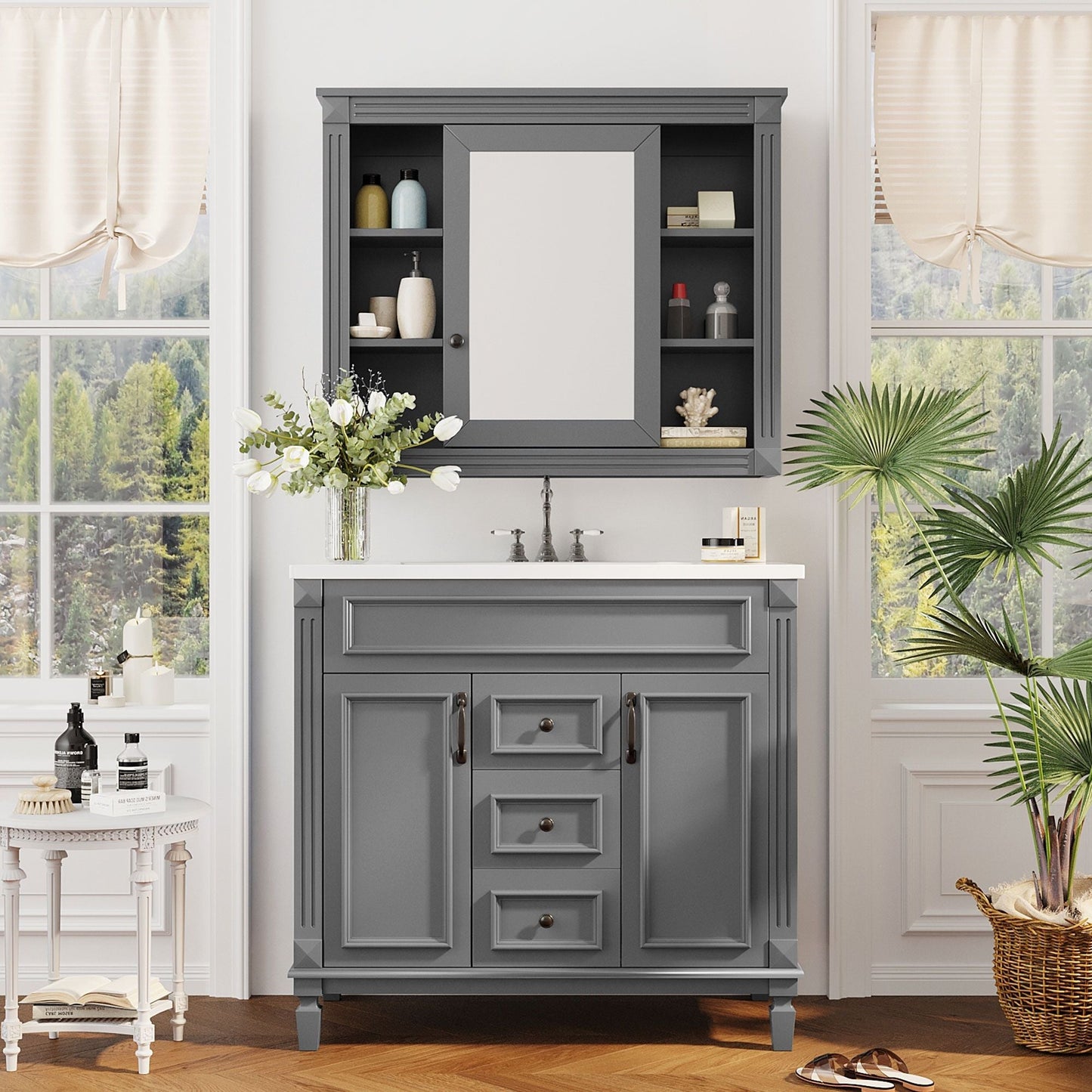 Bathroom Vanity With Top Sink, Mirror Cabinet, 2 Soft Closing Doors & 2 Drawers