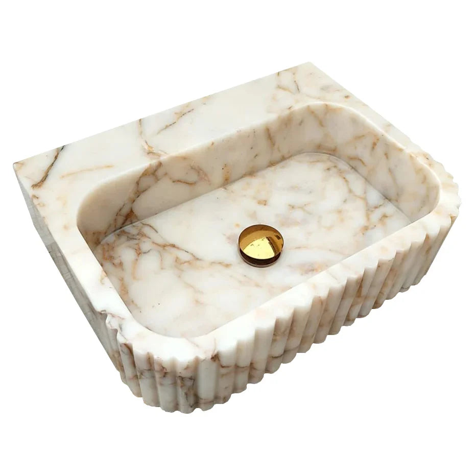 Calacatta Gold Marble Wall Mount Bathroom Vanity Sink with Fluted Design 16x20x6