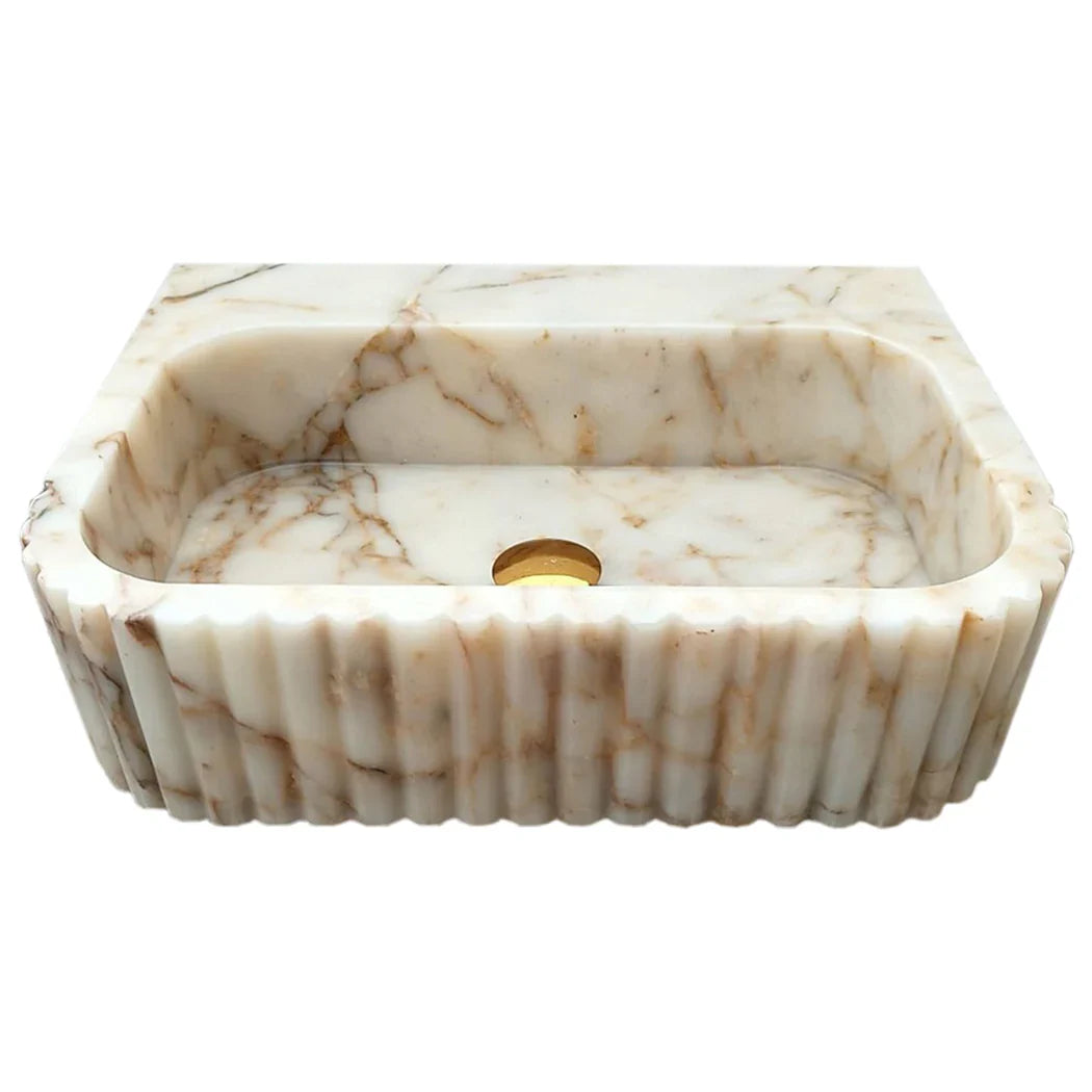 Calacatta Gold Marble Wall Mount Bathroom Vanity Sink with Fluted Design 16x20x6