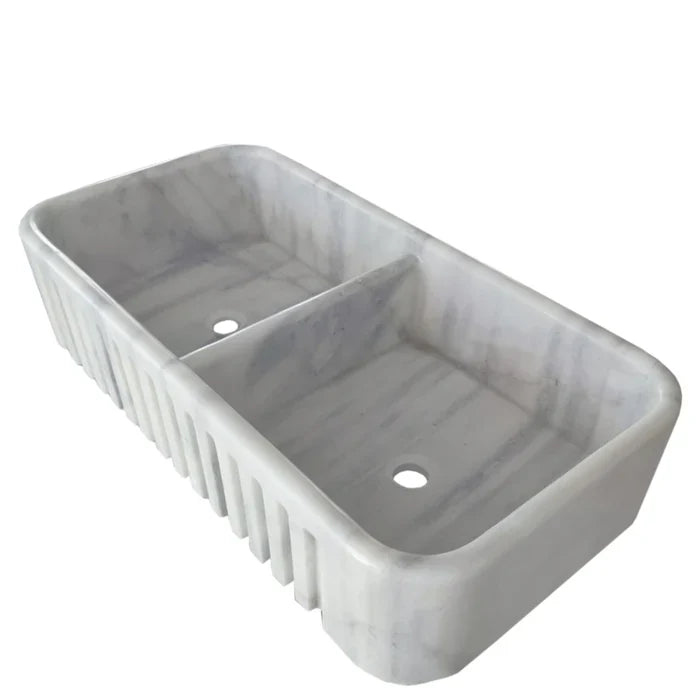 Carrara White Marble Farmhouse Apron Double Kitchen Sink 18x36