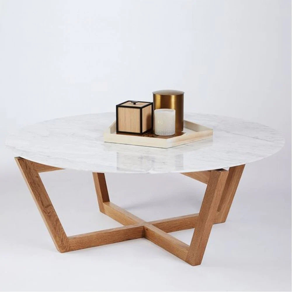 Carrara White Marble Coffee Table Round Shape with Polished Finish and Eased Edges