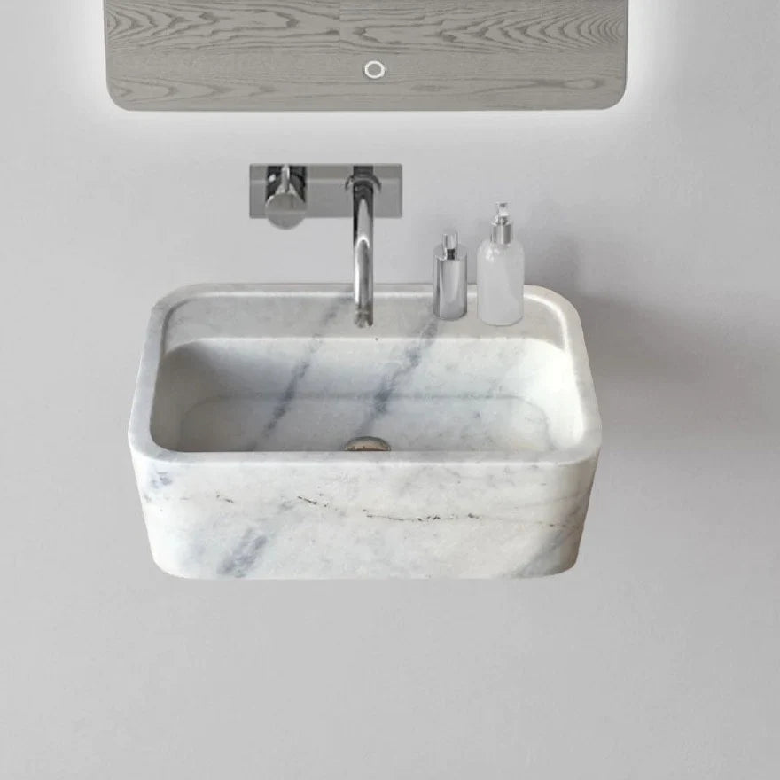 Genuine Carrara White Marble Rectangular Wall-Mount Bathroom Sink 16 x 24 x 12