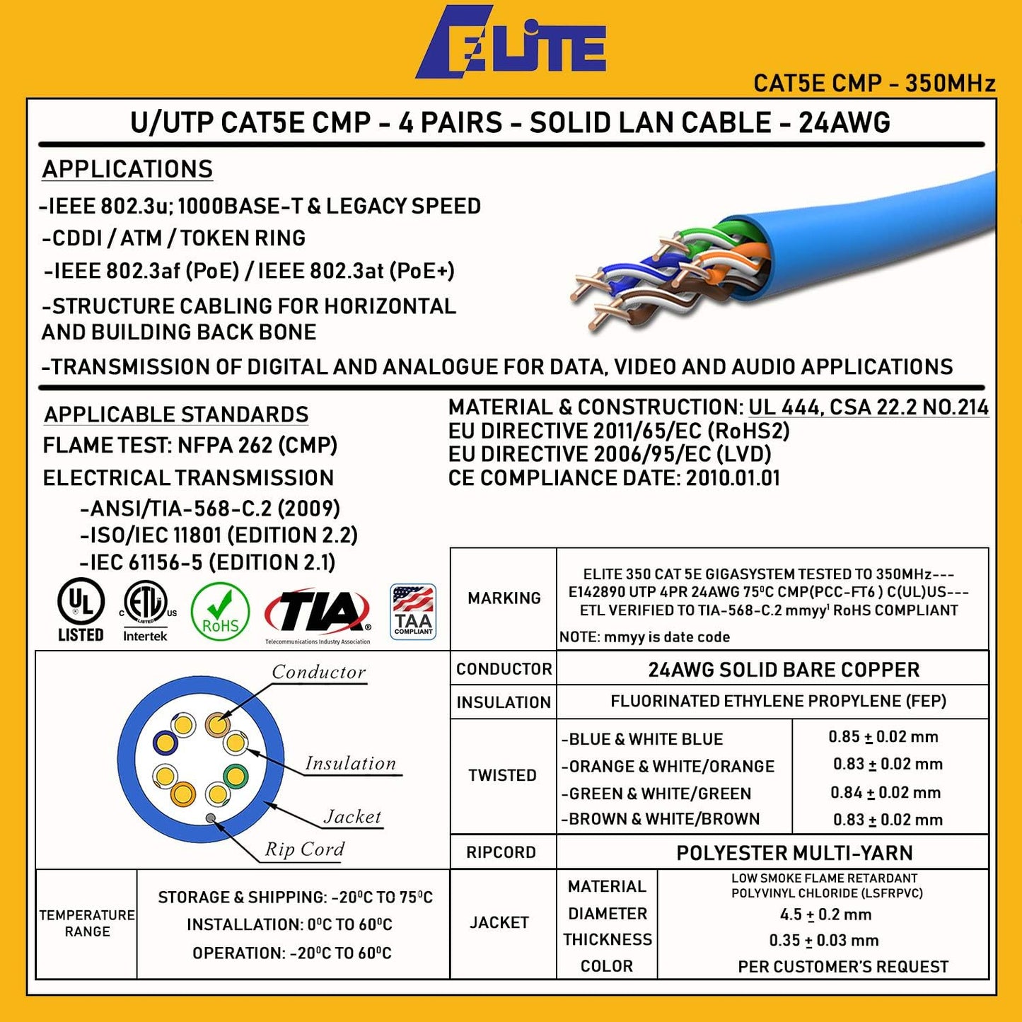 CAT5E Plenum (CMP),1000ft, UTP 24AWG, Solid Pure Copper, 350MHz, UL Certified, Bulk Ethernet Cable in Blue
