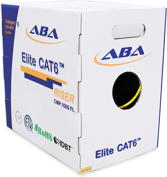 Cat6 Riser (CMR), Ethernet Cable 1000ft, Yellow, No Spline, Unshielded Twisted Pair (UTP) 23AWG, Solid Pure Bare Copper, 550MHz, UL Certified, Easy to Pull (Reelex II) Box, Bulk Networking LAN Cable