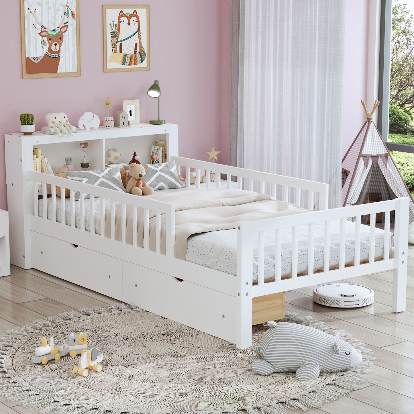 Bed With Headboard Storage Rack, 2 Under Bed Drawers, 3 Side Guardrails For Safety