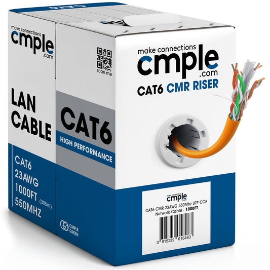 Cmple - Cat6 Cable 1000ft Bulk Lan Ethernet Cat 6 Wire Network UTP 23AWG CMR Riser 10Gbps 550 MHz Pull Box 1000 Feet, Black