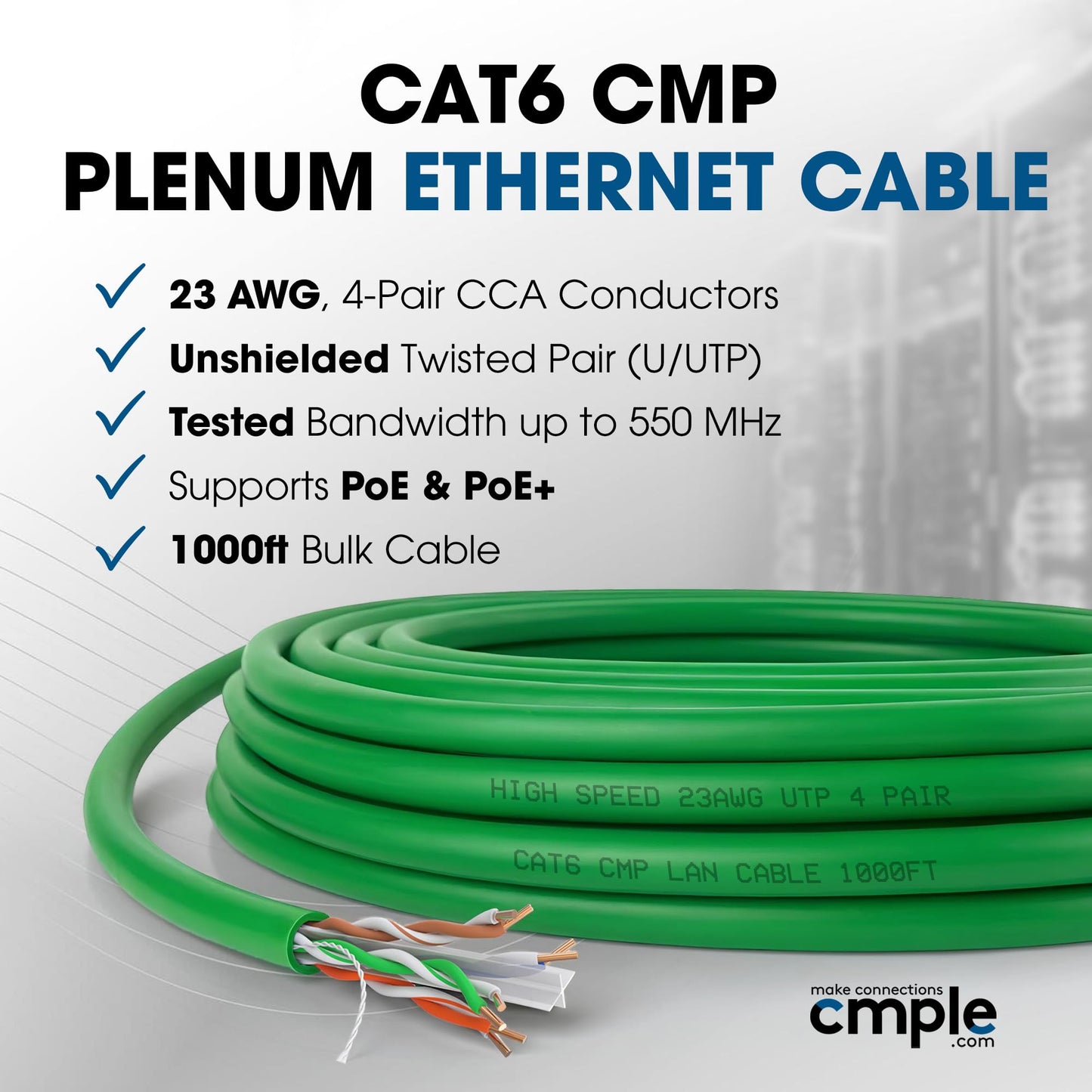 Cmple Cat6 Ethernet Cable 1000ft Plenum CMP 23AWG 550MHz UTP Solid 10Gbps PoE in-Wall Rated Bulk LAN Network Cable DSX-8000 Tested Pull Box - Black