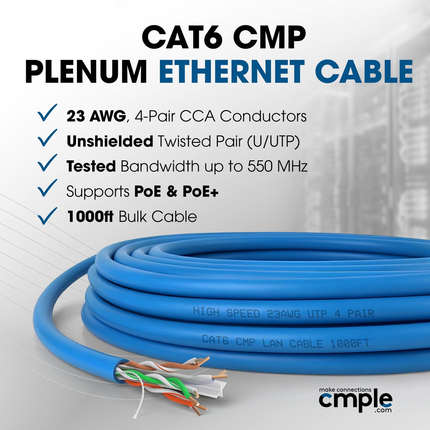 Cmple Cat6 Ethernet Cable 1000ft Plenum CMP 23AWG 550MHz UTP Solid 10Gbps PoE in-Wall Rated Bulk LAN Network Cable DSX-8000 Tested Pull Box - Black