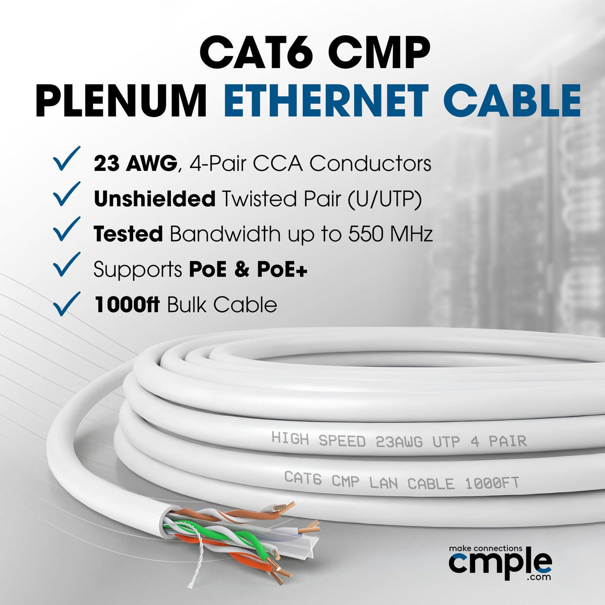 Cmple Cat6 Ethernet Cable 1000ft Plenum CMP 23AWG 550MHz UTP Solid 10Gbps PoE in-Wall Rated Bulk LAN Network Cable DSX-8000 Tested Pull Box - Black