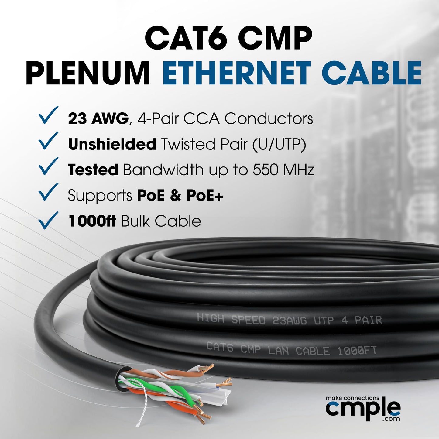 Cmple Cat6 Ethernet Cable 1000ft Plenum CMP 23AWG 550MHz UTP Solid 10Gbps PoE in-Wall Rated Bulk LAN Network Cable DSX-8000 Tested Pull Box - Black