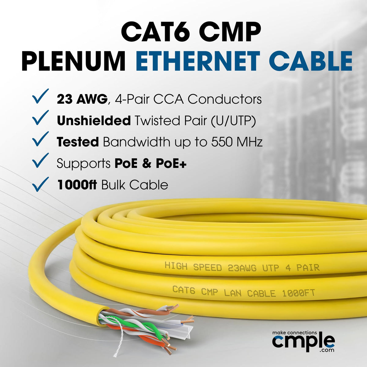 Cmple Cat6 Ethernet Cable 1000ft Plenum CMP 23AWG 550MHz UTP Solid 10Gbps PoE in-Wall Rated Bulk LAN Network Cable DSX-8000 Tested Pull Box - Black