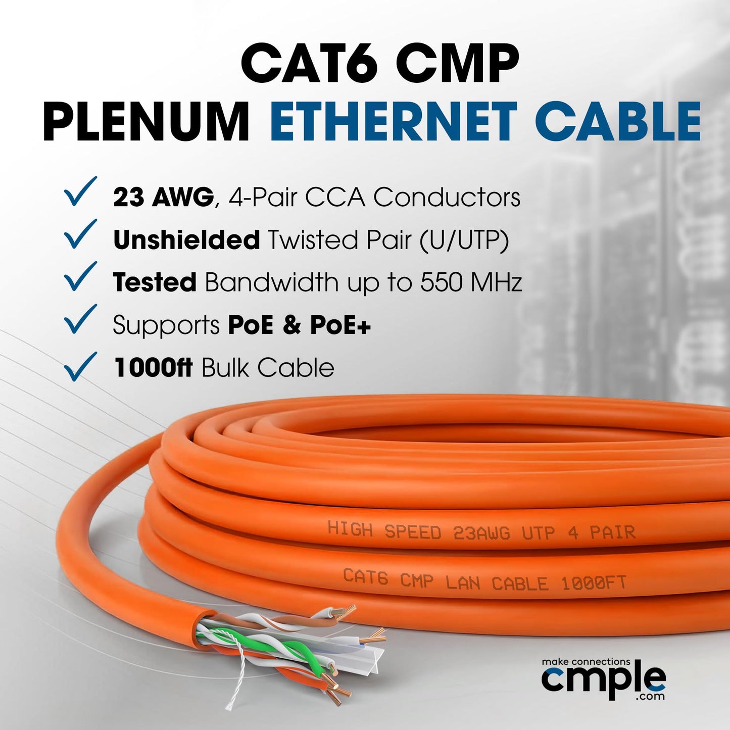 Cmple Cat6 Ethernet Cable 1000ft Plenum CMP 23AWG 550MHz UTP Solid 10Gbps PoE in-Wall Rated Bulk LAN Network Cable DSX-8000 Tested Pull Box - Black