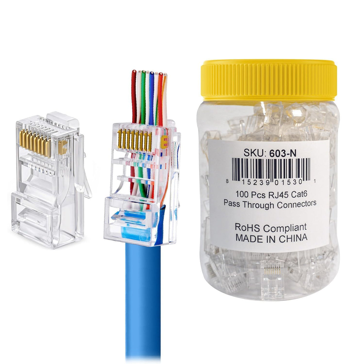 Cmple - RJ45 Connectors Easy Crimp Cat6 Ethernet Cable Crimp Connectors, Compatible with Cat6/Cat5e, Ethernet Cable Crimp Connectors UTP Network Modular Plug for Solid Wire - Pack of 100