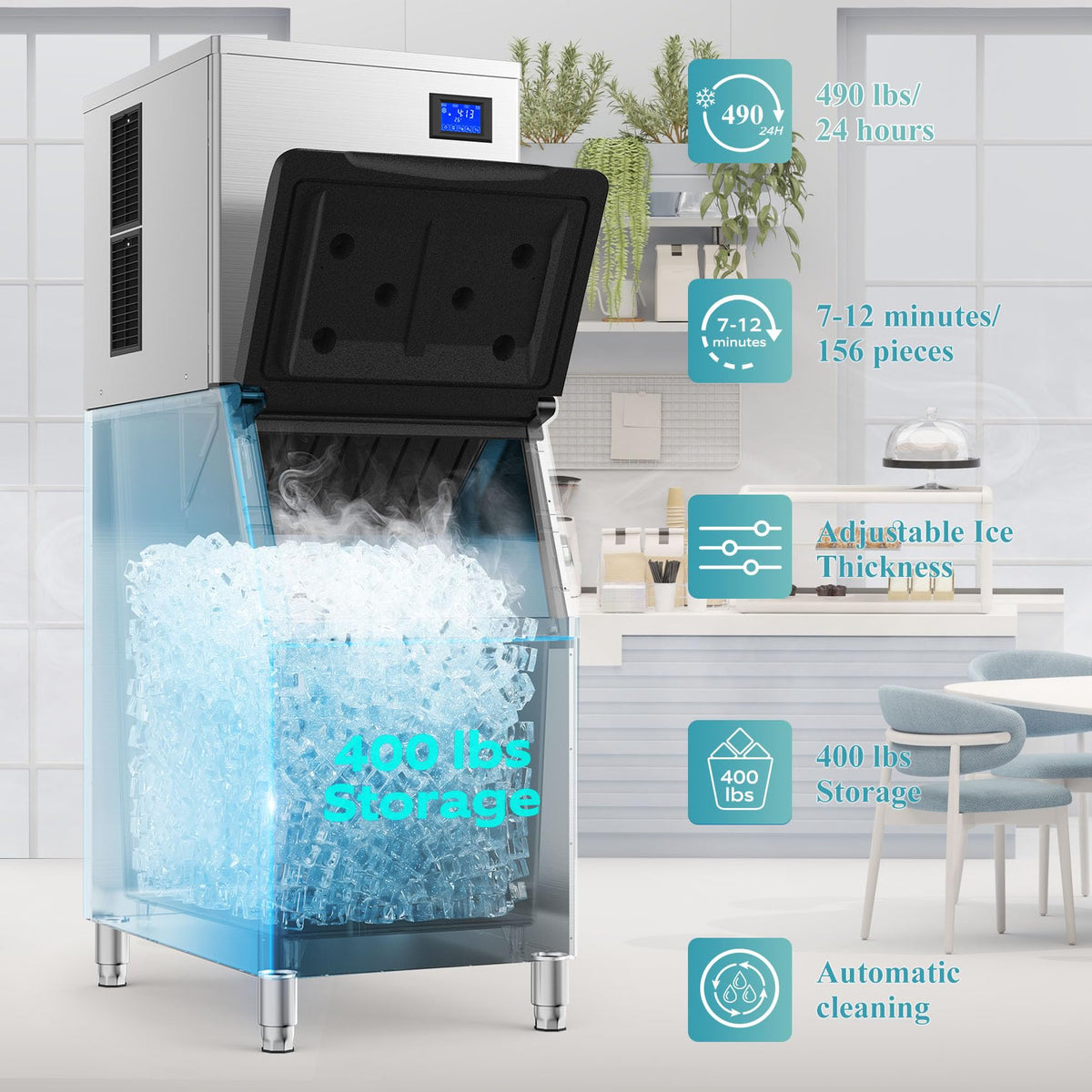 Commercial Ice Maker 550Lbs/24H Commercial Ice Machine with 400LBS Large Storage Bin