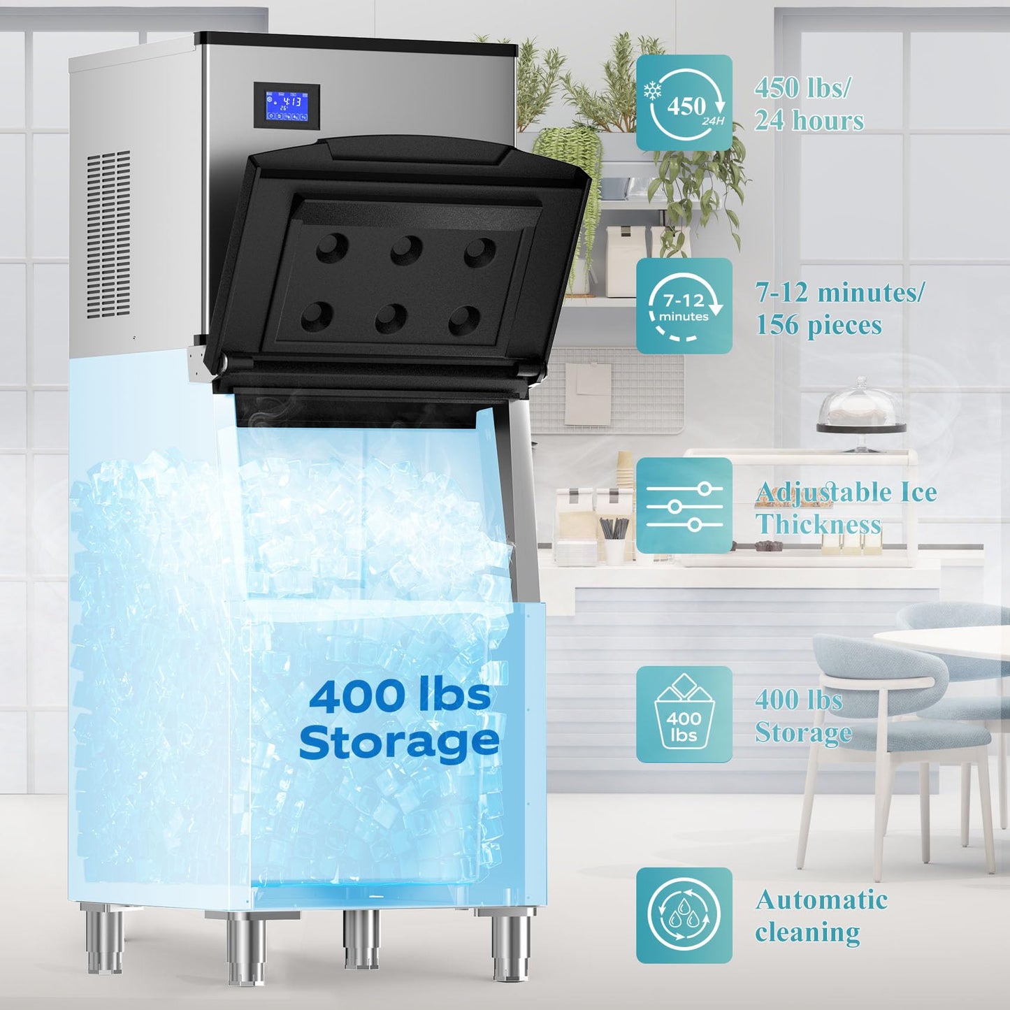 Commercial Ice Maker 550Lbs/24H Commercial Ice Machine with 400LBS Large Storage Bin