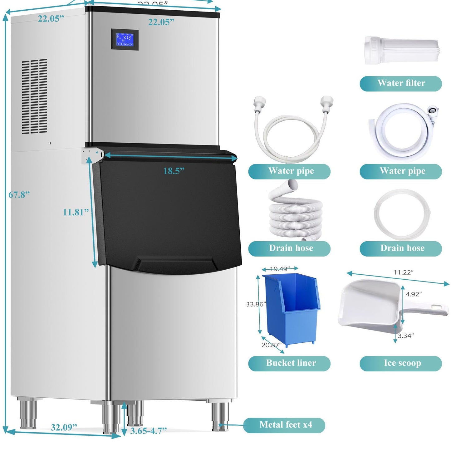 Commercial Ice Maker 550Lbs/24H Commercial Ice Machine with 400LBS Large Storage Bin