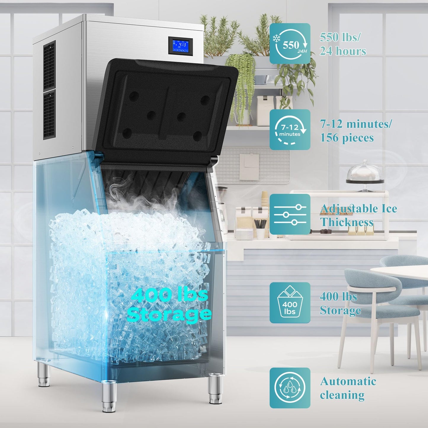 Commercial Ice Maker 550Lbs/24H Commercial Ice Machine with 400LBS Large Storage Bin