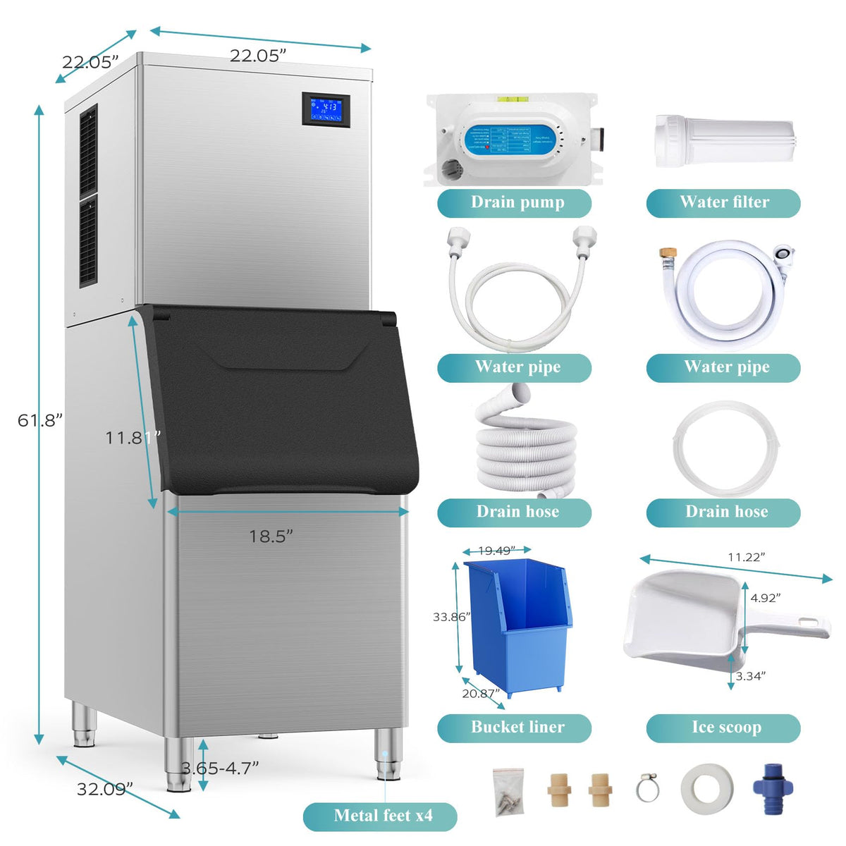 Commercial Ice Maker 550Lbs/24H Commercial Ice Machine with 400LBS Large Storage Bin