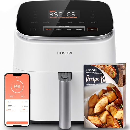Cosori 9-in-1 TurboBlaze Air Fryer 6 Qt, PFAS-Free Ceramic Coating, 90°–450°F, Precise Heating for Even Results, Air Fry, Roast, Bake, Broil, Dry, Frozen, Proof, Reheat, Keep Warm, 120V, Dark Gray