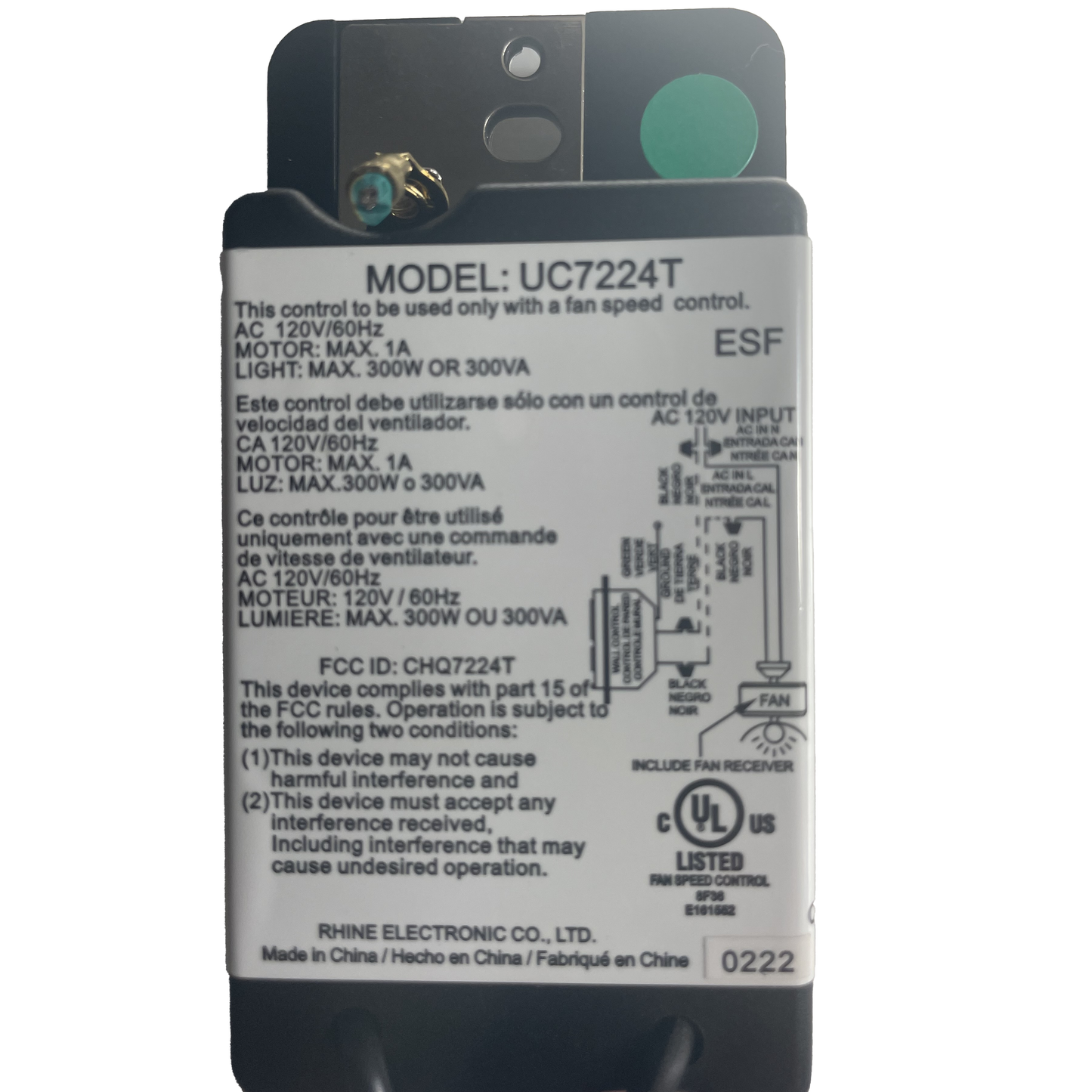 Substitute for Craftmade UC7224T/CHQ7224T WIRED Ceiling Fan Remote Control [UNVWALLKIT001]
