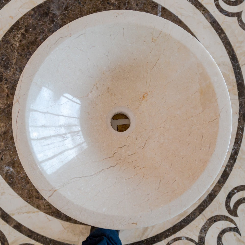 Crema Marfil Marble Natural Stone Tapered Vessel Sink High Gloss Polished 16 Inch