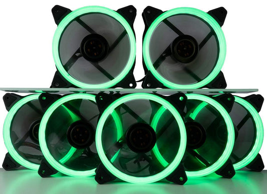 CUK 7-Pack Green Halo Ring 120mm LED Vibrant Color Computer Case Fan for CPU Coolers and Radiators - High Airflow 45 CFM & Anti-Vibration Pads