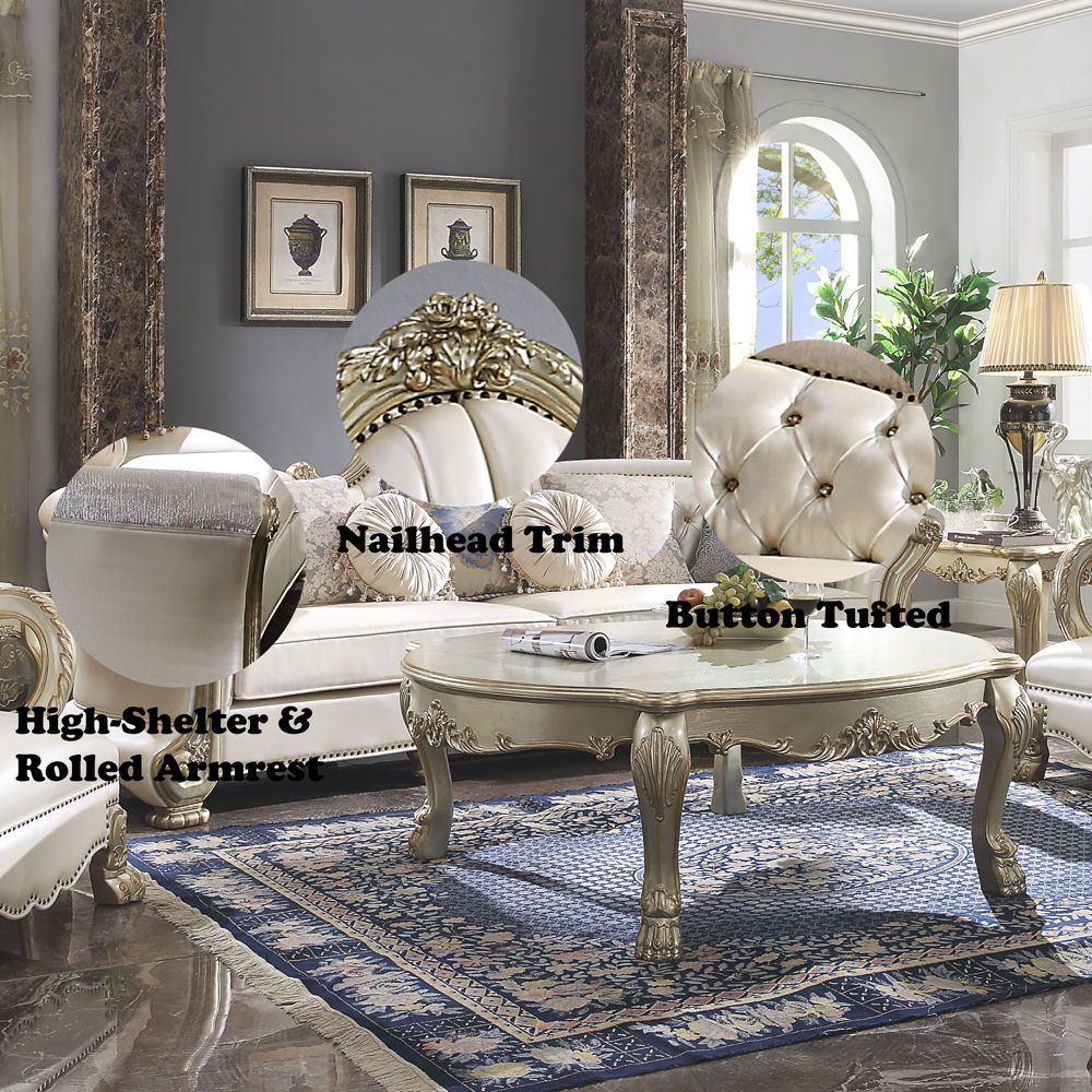 Dresden II - Sofa With 7 Pillows - Pearl Synthetic Leather & Gold Patina