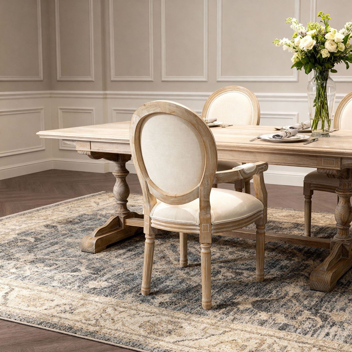 French Vintage Upholstered Fabric Dining Armchair (Set of 2)