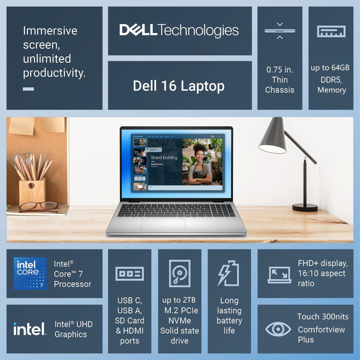 Dell 16 Laptop Computer, Intel Core 7 150U Processor, 16" FHD+ IPS Touchscreen Anti-Glare Display, 32GB DDR5 RAM, 1TB PCIe SSD, WiFi 6E, Bluetooth 5.3, Backlit Keyboard, Windows 11 Home