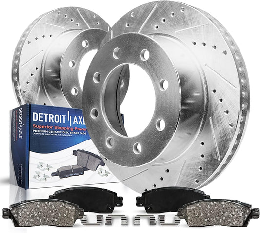 Detroit Axle - Front Brake Kit for Chevy GMC Silverado Sierra 2500HD 3500 | Avalanche 2500, Sierra 3500HD, Express Savana 3500 4500 Drilled Disc Brakes Rotors Ceramic Brake Pads Replacement12.8" inch