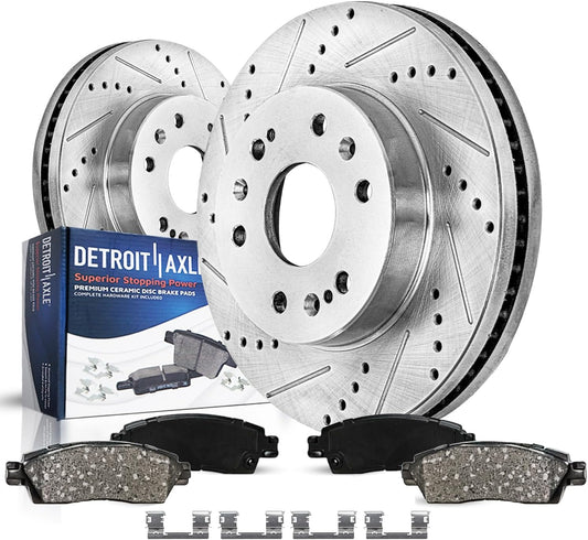 Detroit Axle - Front Brake Kit for Chevy GMC Silverado Suburban Express | Sierra Savana Yukon XL 1500 Cadillac Escalade ESV EXT XTS Drilled & Slotted Brake Rotors Ceramic Brake Pads: 12.99'' inch