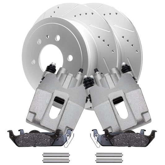 Detroit Axle - Front Brake Kit for Chevy GMC Silverado Suburban Sierra Savana Express 1500 Tahoe Yukon XL Cadillac Escalade ESV EXT Drilled Slotted Disc Brake Rotors Ceramic Brakes Pads Replacement