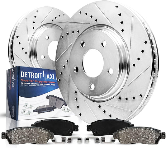 Detroit Axle - Front Brake Kit for Chevy Impala Malibu Equinox GMC Terrain | Buick LaCrosse Regal Allure Saab 9-5 Drilled Slotted Disc Brake Rotors Ceramic Brake Pads Replacement 12.64'' inch Rotor