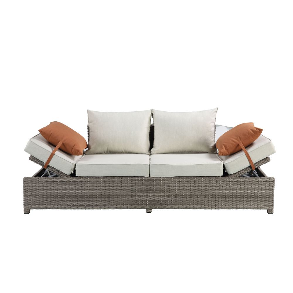 Salena - Patio Sofa With 2 Pillows & Ottoman - Beige Fabric & Gray Wicker