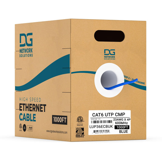 DG Cat6 Plenum (CMP), 1000ft, 600MHz, Unshielded, UTP, 23AWG, Solid Bare Copper, ETL Listed, Bulk Ethernet Cable, Easy Pull Box, Reelex Packaging, White